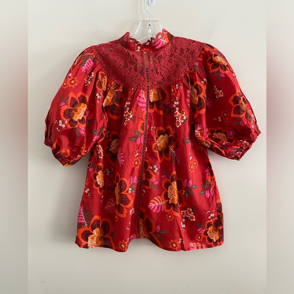 Anthropologie Farm Rio Giustina Lace Blouse top buttondown floral red new XS - Picture 5 of 14